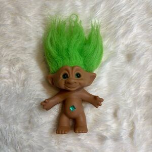 Vintage Ace Novelty Collectible Troll Doll with Green Hair & Rhinestone 4"